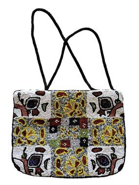 Vintage Fully Beaded Multi-Color Shoulder Bag Purse Floral Geometric Multicolor